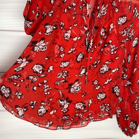 NWOT Veronica Beard Silk Blouse Red Floral Ruffle Trim Long Sleeve Top US 8 - Picture 8 of 16
